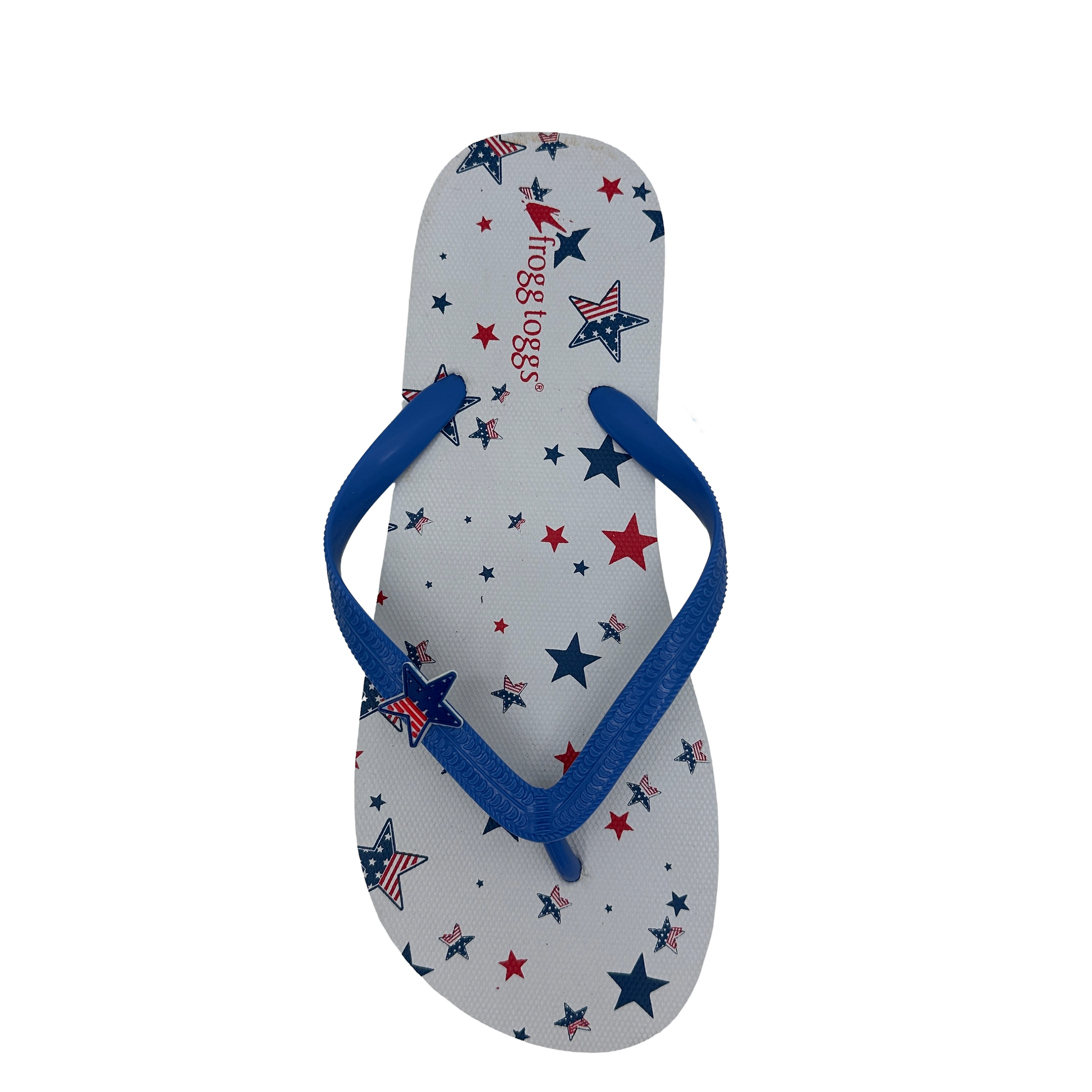 Flip-flop with star pattern and blue strap on a white background