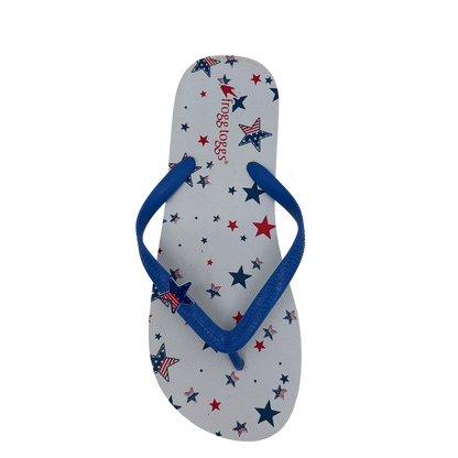 Flip-flop with star pattern and blue strap on a white background