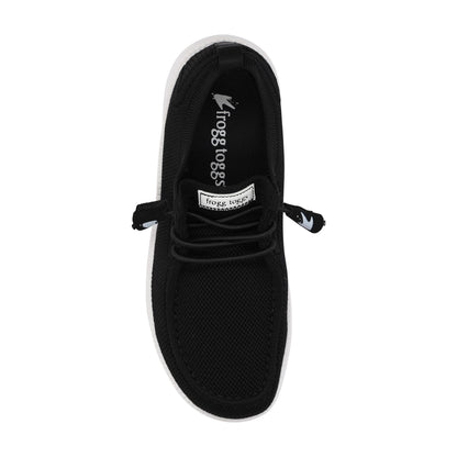 Black slip-on shoe with white sole on a white background