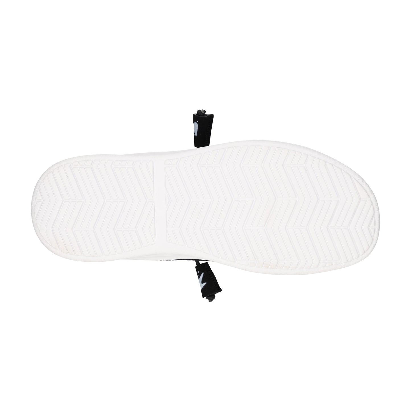 White shoe sole with black laces on a white background