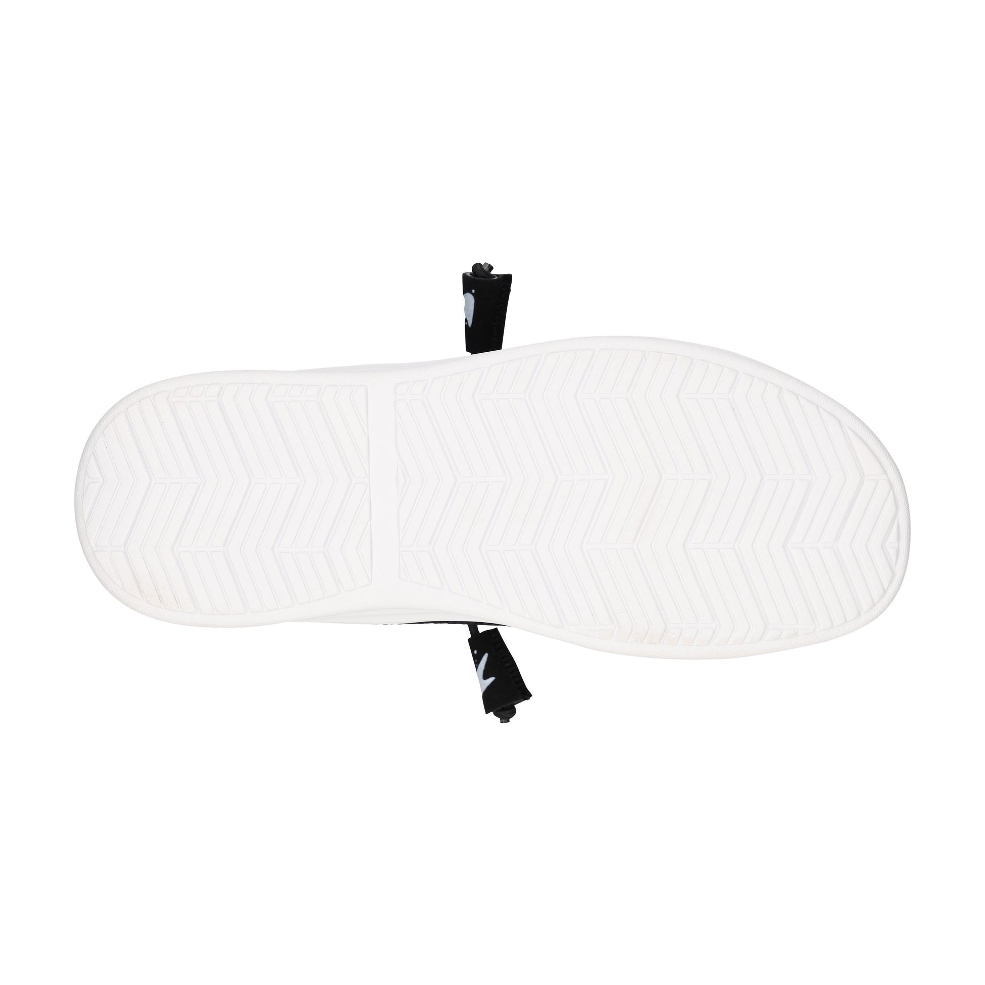 White shoe sole with black laces on a white background