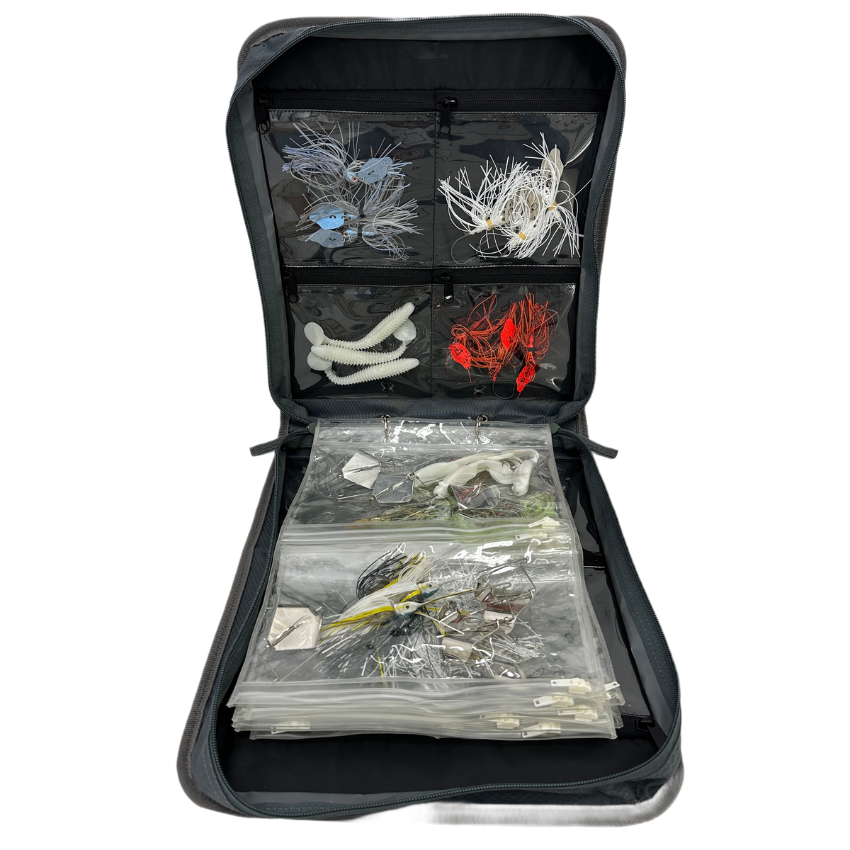 Frogg Toggs fishing lure organizer with various lures inside on a white background.