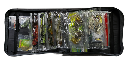 Fishing lure set in a Frogg Toggs black case on a white background.