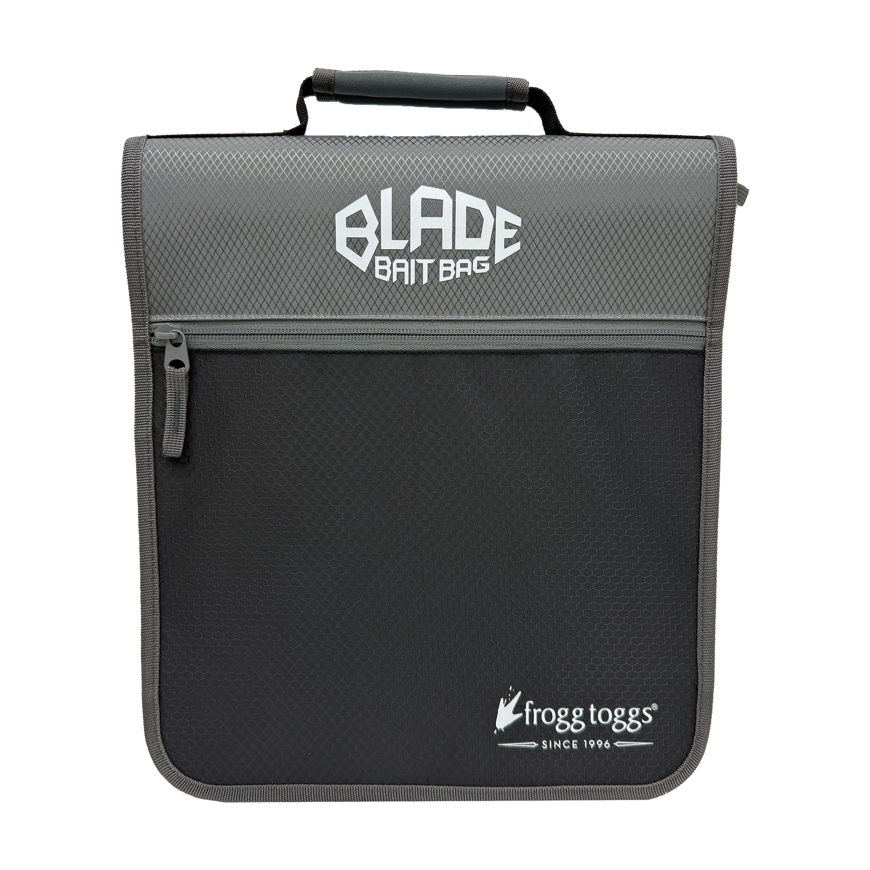 A black and gray mesh bait bag with a top handle, featuring the 'BLADE BAIT BAG' logo on the upper front and the Frogg Toggs brand logo on the lower right, set against a plain white background.