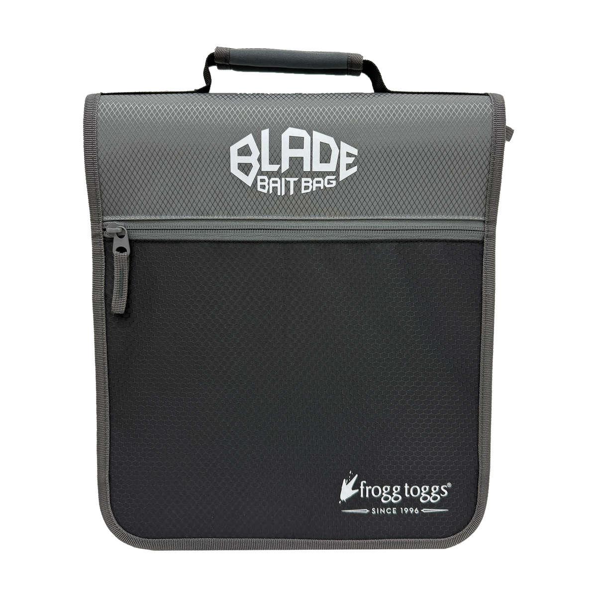 A black and gray mesh bait bag with a top handle, featuring the 'BLADE BAIT BAG' logo on the upper front and the Frogg Toggs brand logo on the lower right, set against a plain white background.