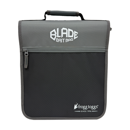 A black and gray mesh bait bag with a top handle, featuring the 'BLADE BAIT BAG' logo on the upper front and the Frogg Toggs brand logo on the lower right, set against a plain white background.