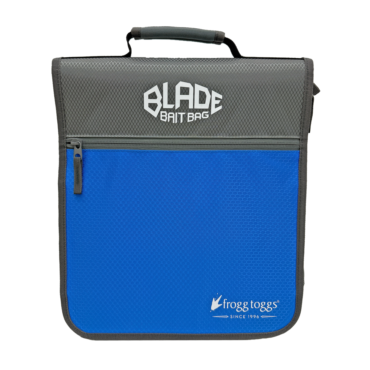 A blue and dark gray Frogg Toggs mesh bait bag with a top handle, a front zippered pocket, and visible Frogg Toggs and Blade Bait Bag branding.