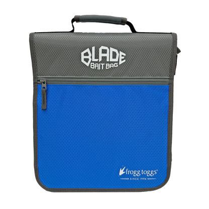 A blue and dark gray Frogg Toggs mesh bait bag with a top handle, a front zippered pocket, and visible Frogg Toggs and Blade Bait Bag branding.