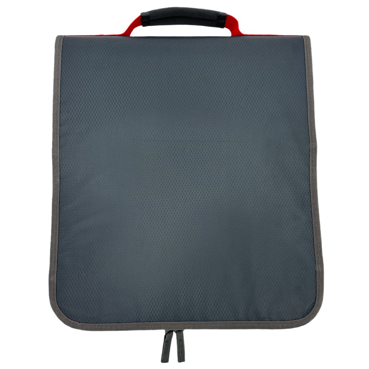 A dark gray top view of a Frogg Toggs bag with a black-and-red top handle, shown against a plain white background.