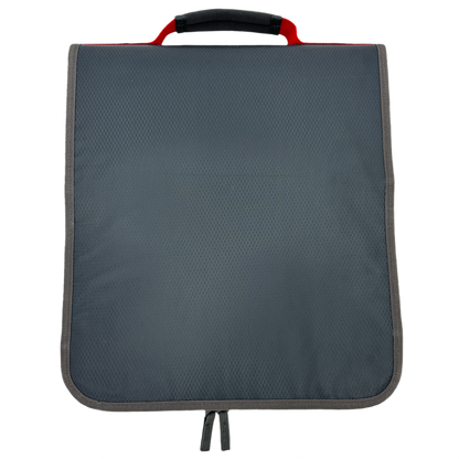 A dark gray top view of a Frogg Toggs bag with a black-and-red top handle, shown against a plain white background.