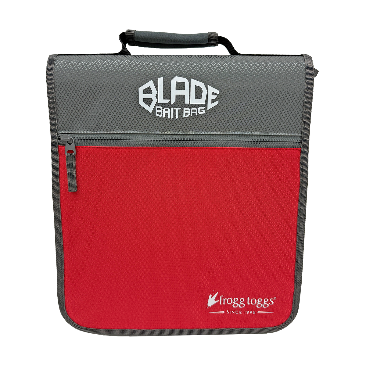 A red and gray mesh bait bag with a top handle, featuring the 'BLADE BAIT BAG' logo on the gray top panel and the Frogg Toggs logo on the red bottom panel.