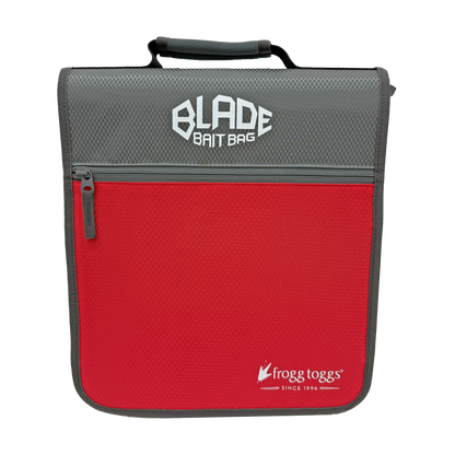 A red and gray mesh bait bag with a top handle, featuring the 'BLADE BAIT BAG' logo on the gray top panel and the Frogg Toggs logo on the red bottom panel.