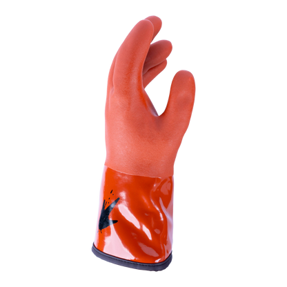 A single orange-red protective work glove with a glossy, reflective wrist cuff and a black printed graphic on the back, shown against a plain white background.