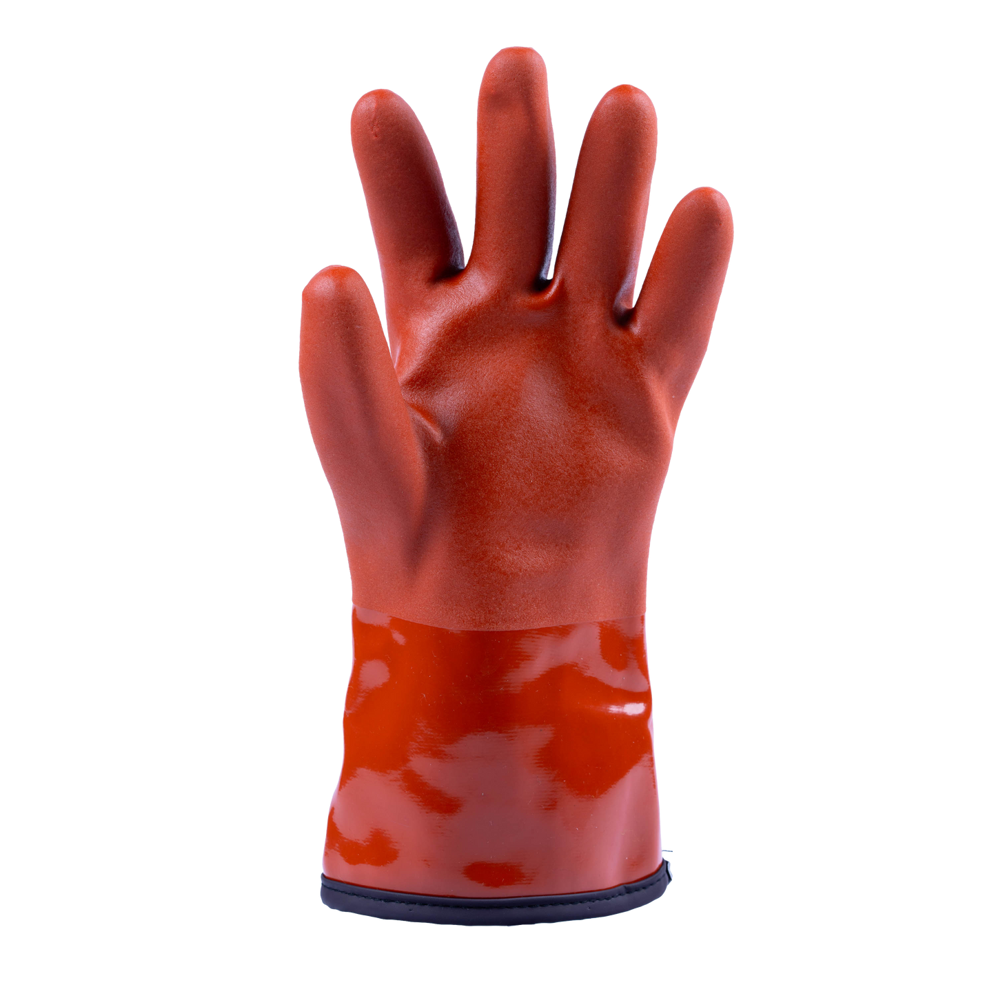 A single red rubber work glove with a glossy finish and a dark elastic wrist band, shown against a plain white background.