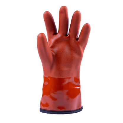 A single red rubber work glove with a glossy finish and a dark elastic wrist band, shown against a plain white background.