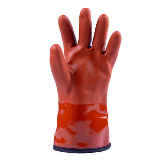 A single red rubber work glove with a glossy finish and a dark elastic wrist band, shown against a plain white background.