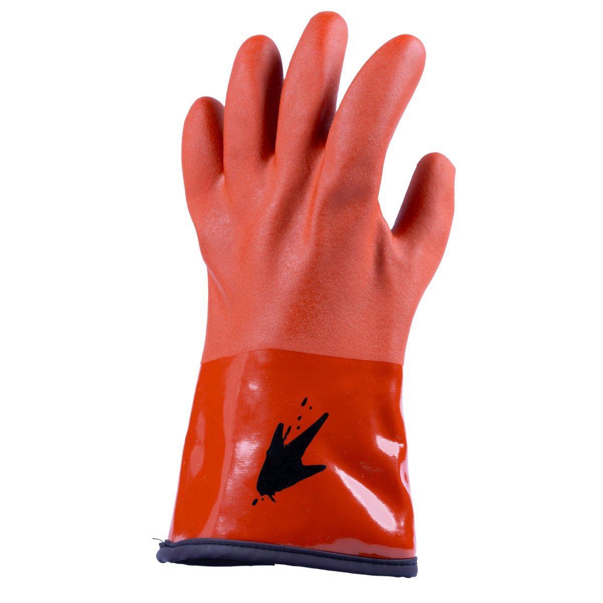 A single orange-red protective work glove with a glossy finish, featuring a black splash logo on the wrist cuff, isolated on a white background.