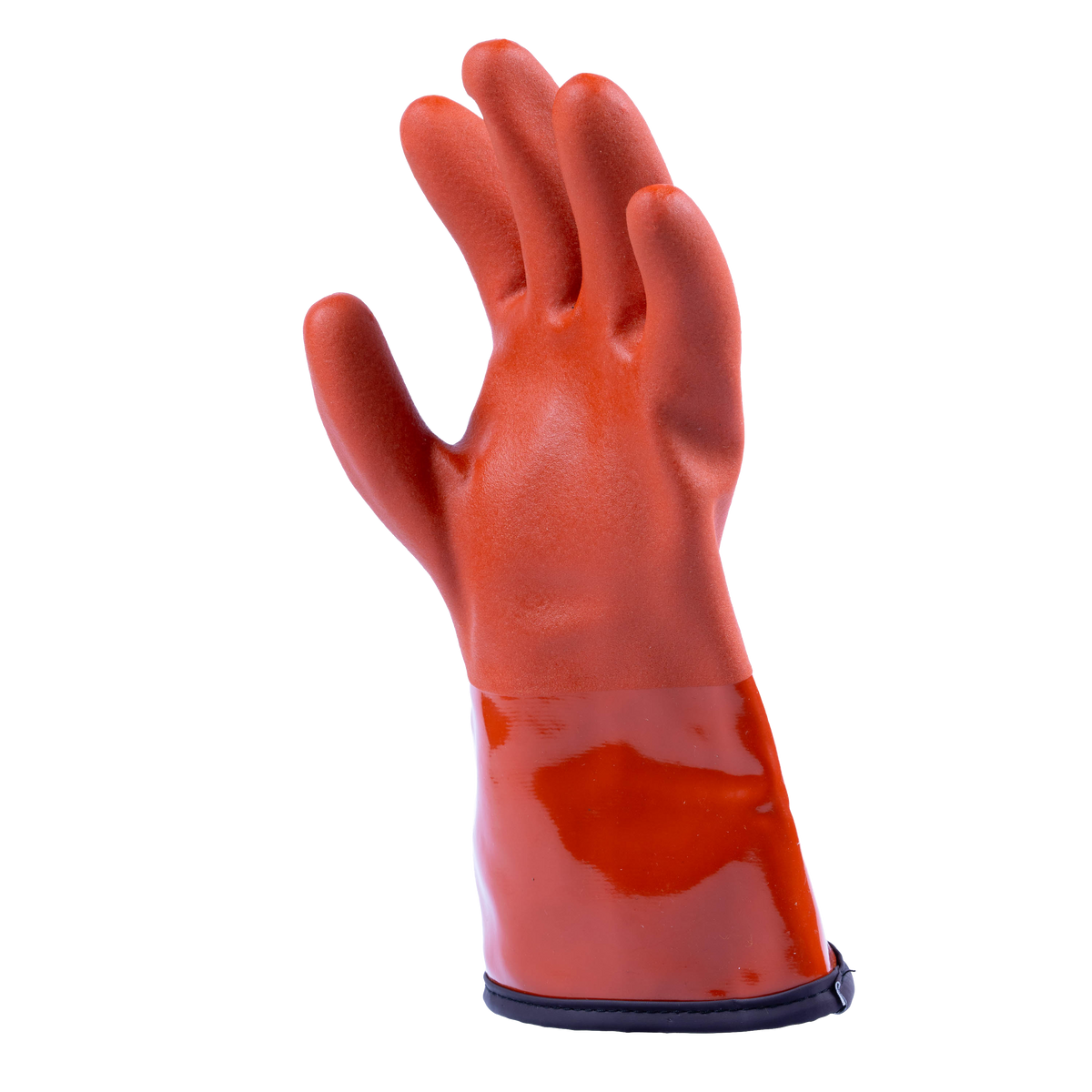 A single orange-red protective work glove with a glossy finish and a dark elastic wrist band, shown against a plain white background.