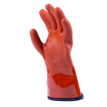 A single orange-red protective work glove with a glossy finish and a dark elastic wrist band, shown against a plain white background.