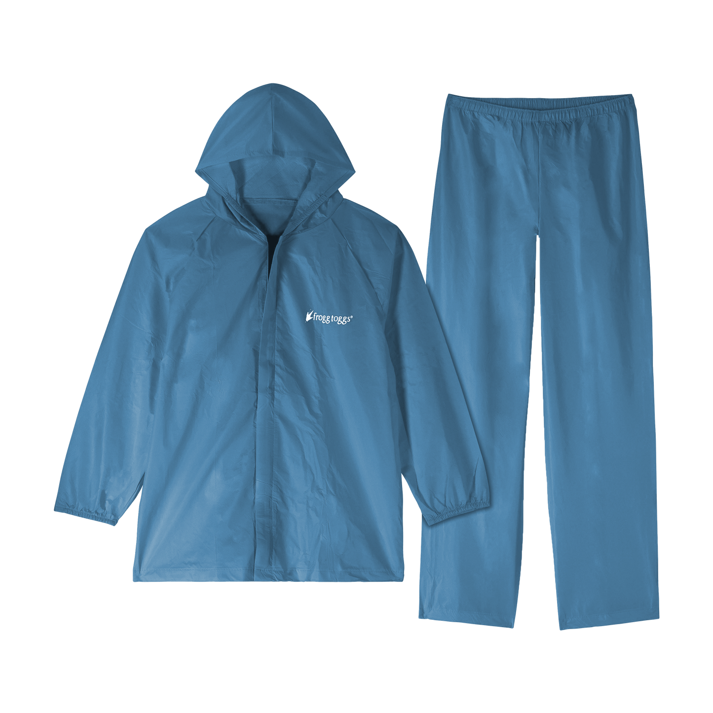 Blue raincoat and pants set on a white background