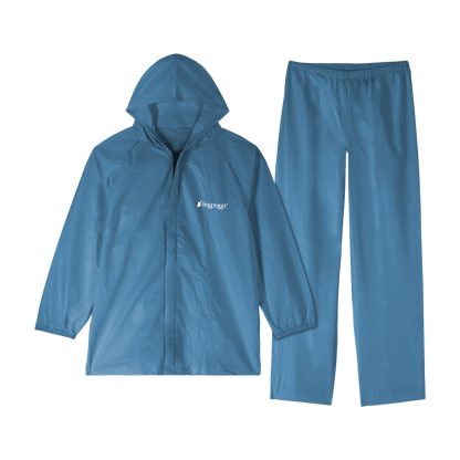 Blue raincoat and pants set on a white background