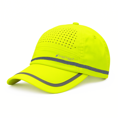 Yellow running cap with reflective strip on a white background