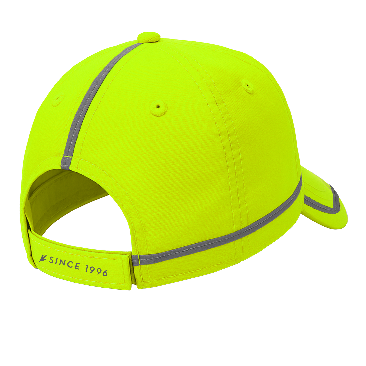 Bright yellow cap with reflective stripes on a white background