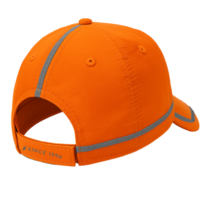 Orange cap with reflective straps on a white background