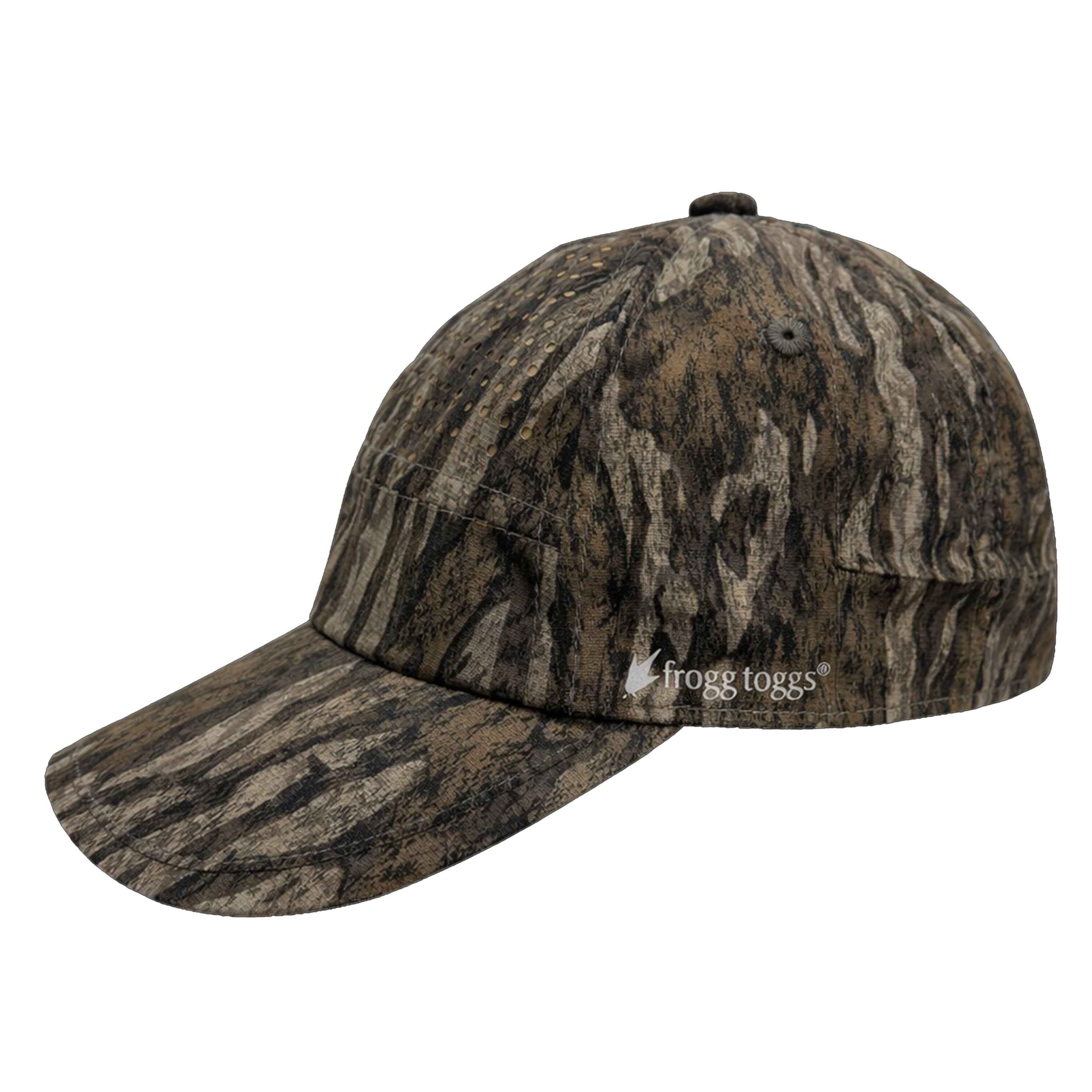 MO Bottomland pattern baseball cap with 'Frogg Toggs' logo on a white background