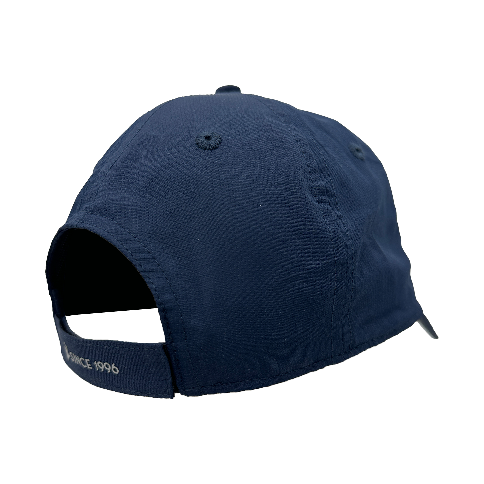 Navy blue cap with a brand logo on the back on a white background