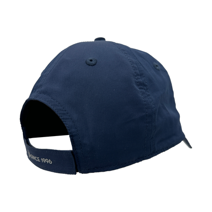 Navy blue cap with a brand logo on the back on a white background