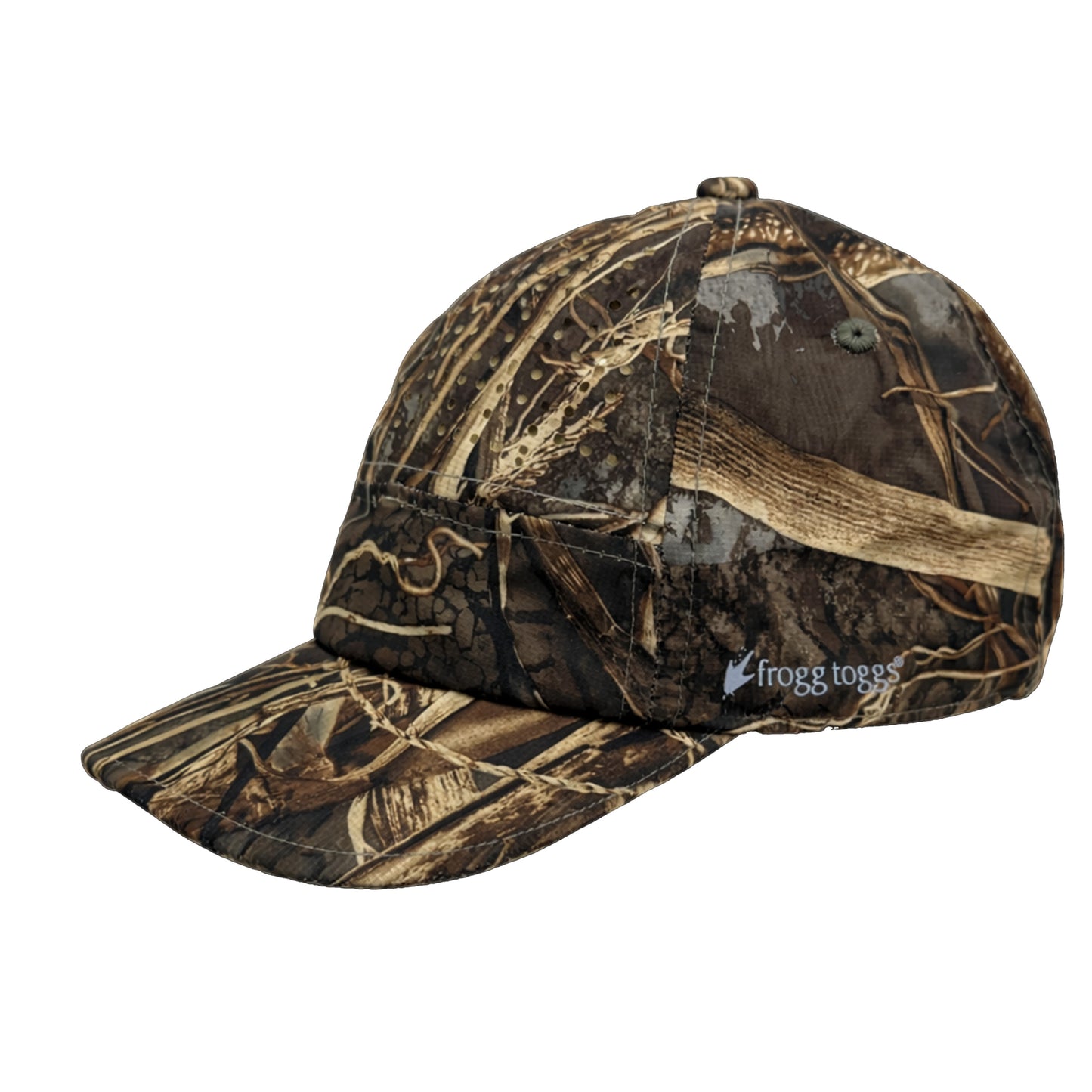 Camouflage baseball cap with 'Frogg Toggs' logo on a white background