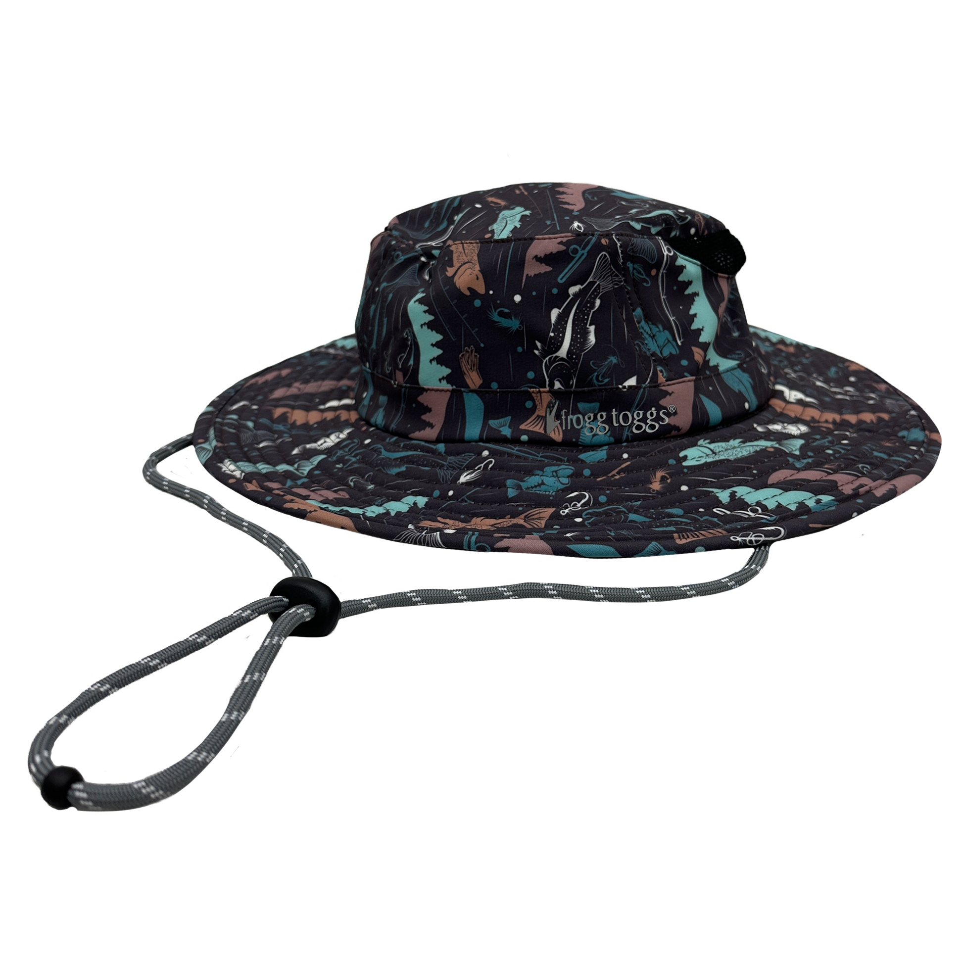 Bucket cooling hat with camouflage pattern and drawstring on a white background