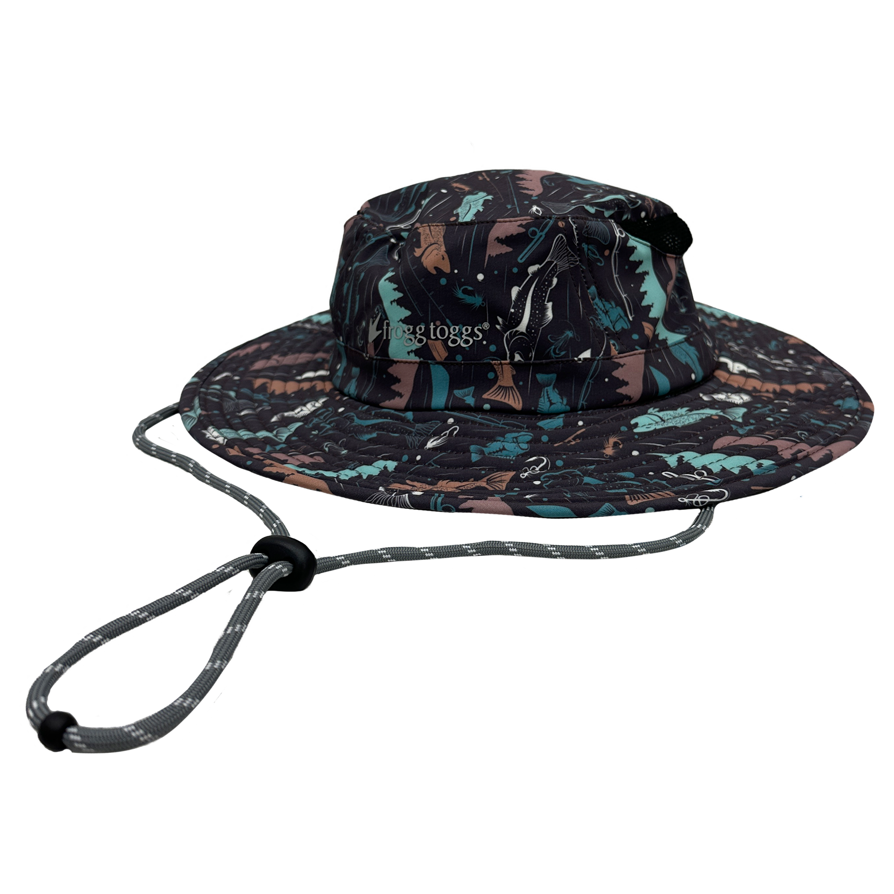 Bucket hat with camouflage pattern and drawstring on a white background