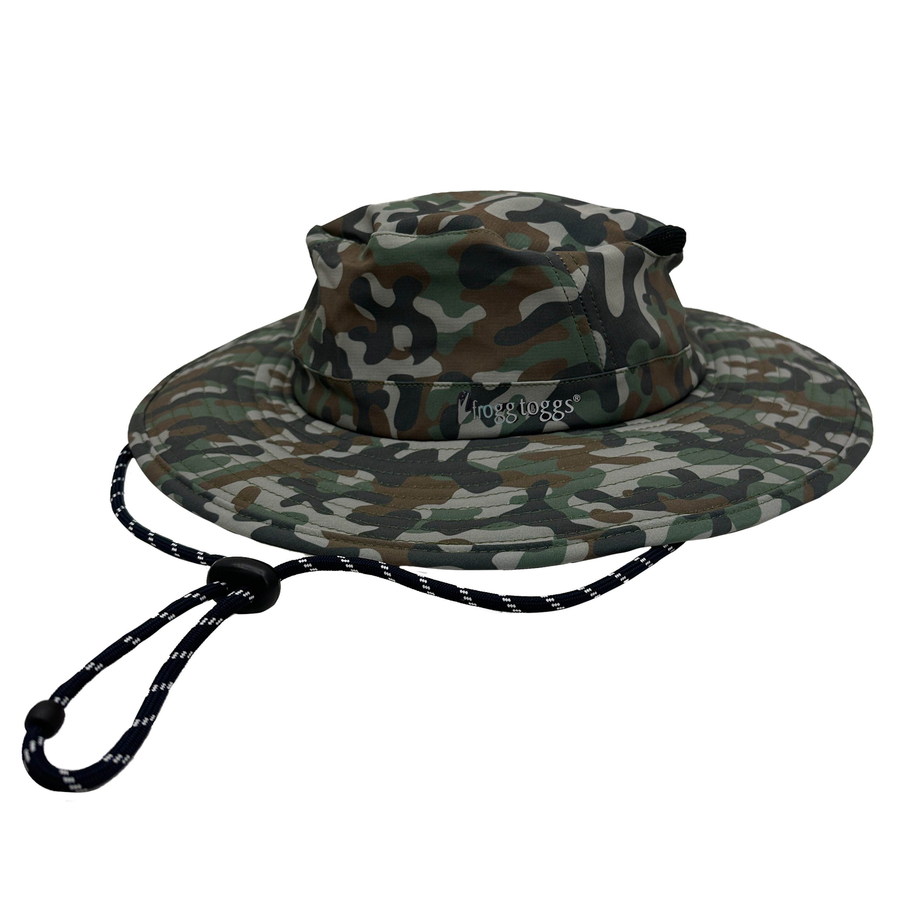 Camouflage bucket hat with a rope on a white background