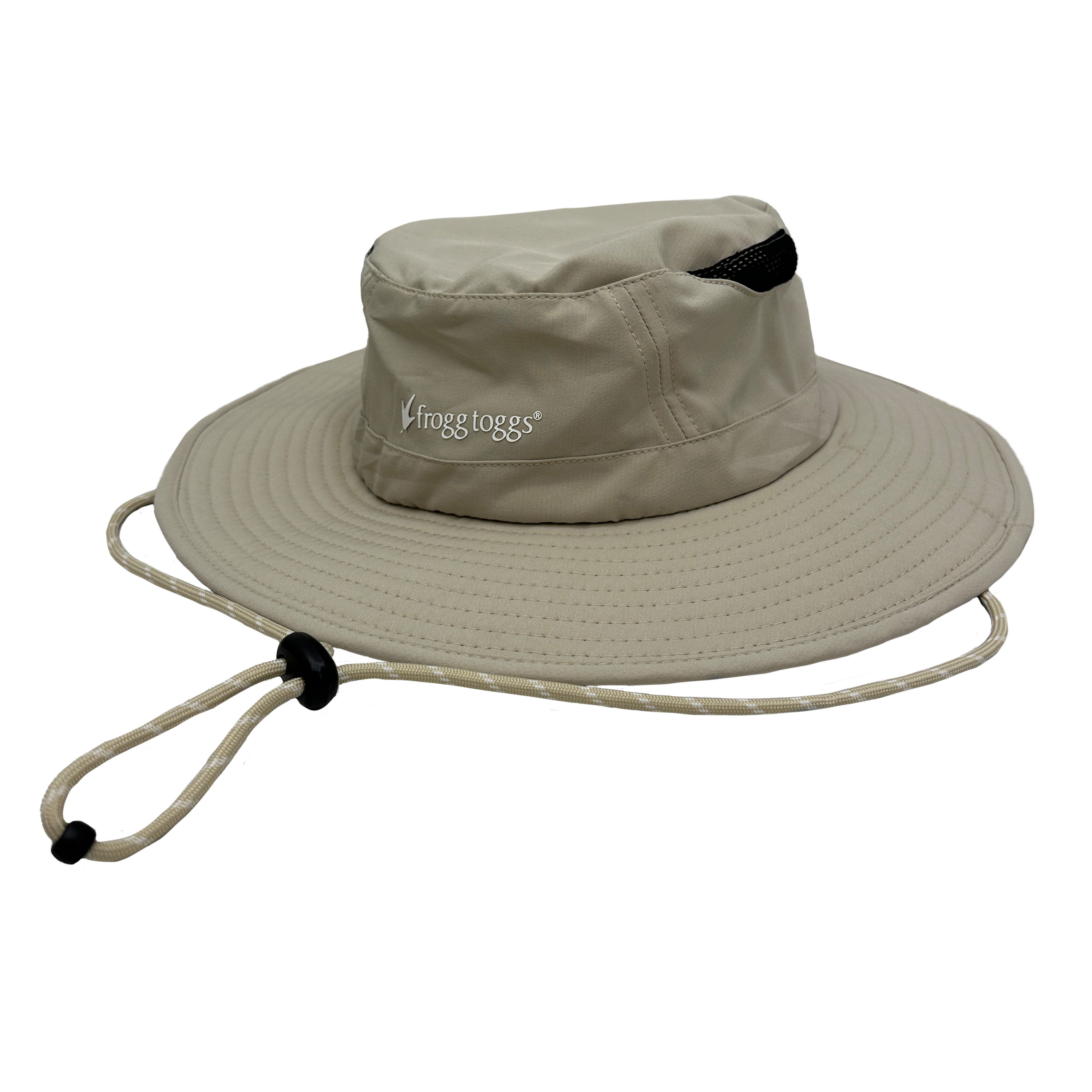 Beige bucket hat with drawstring on a white background