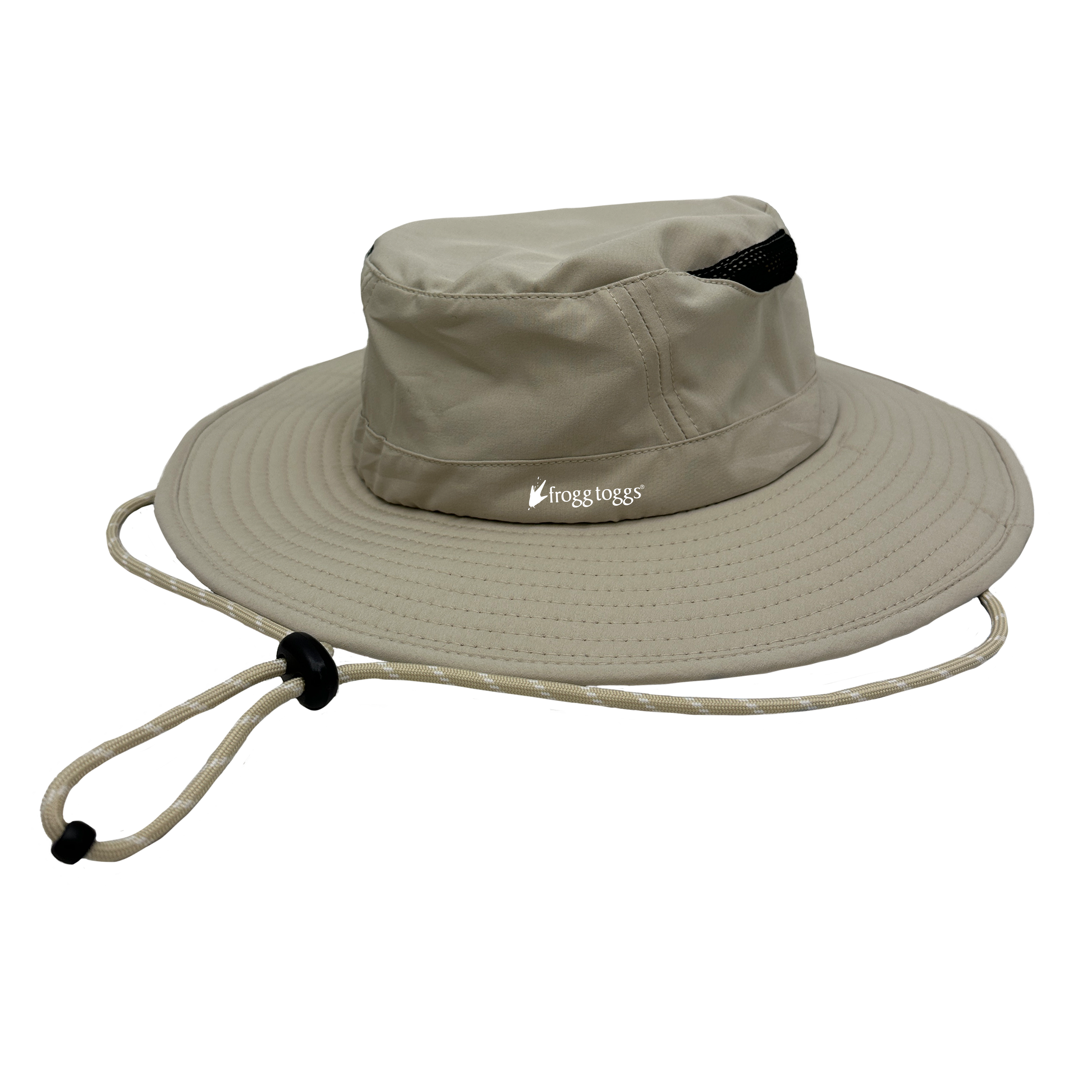 Beige bucket hat with drawstring on a white background, featuring the Frogg Toggs logo.