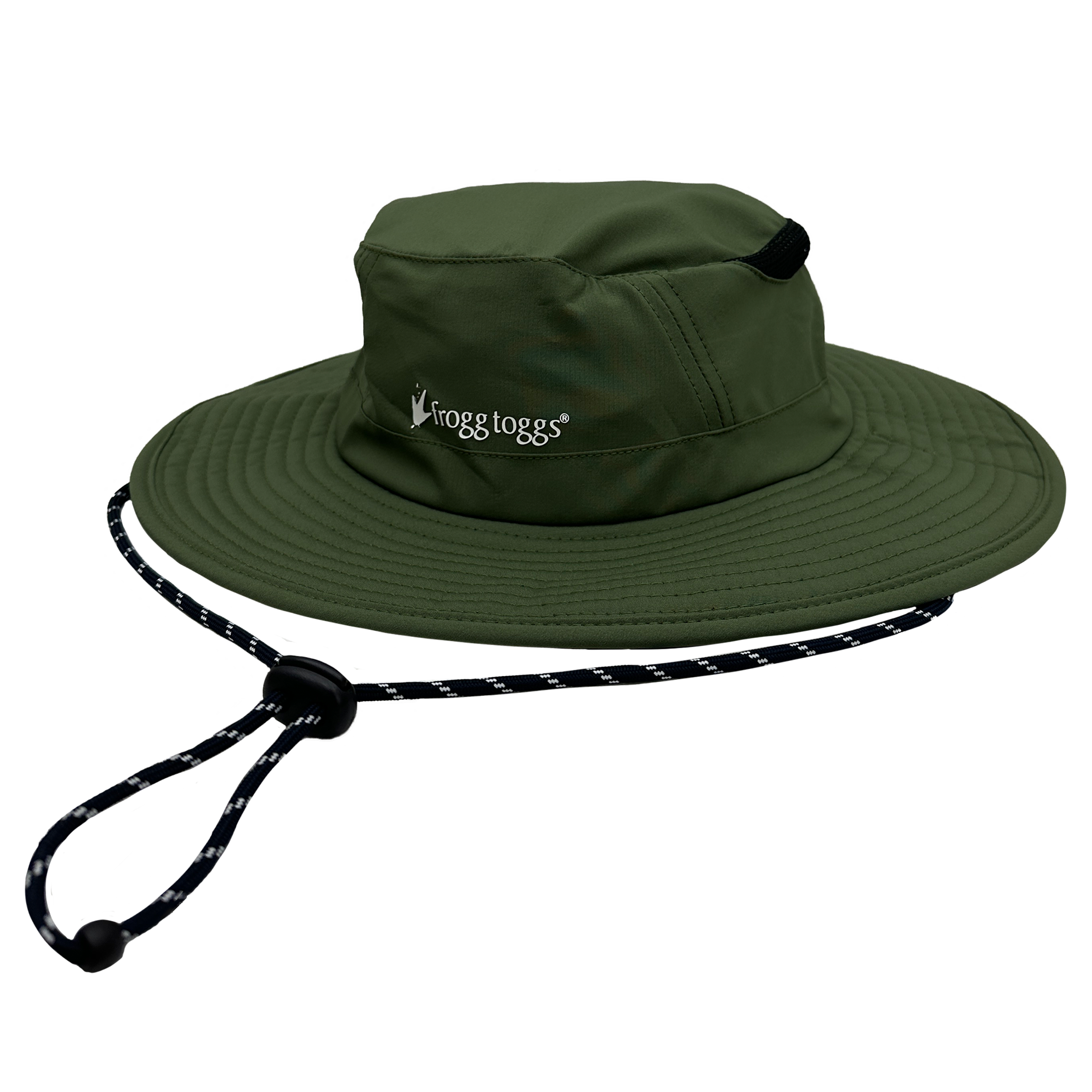 Green rain hat with a rope on a white background