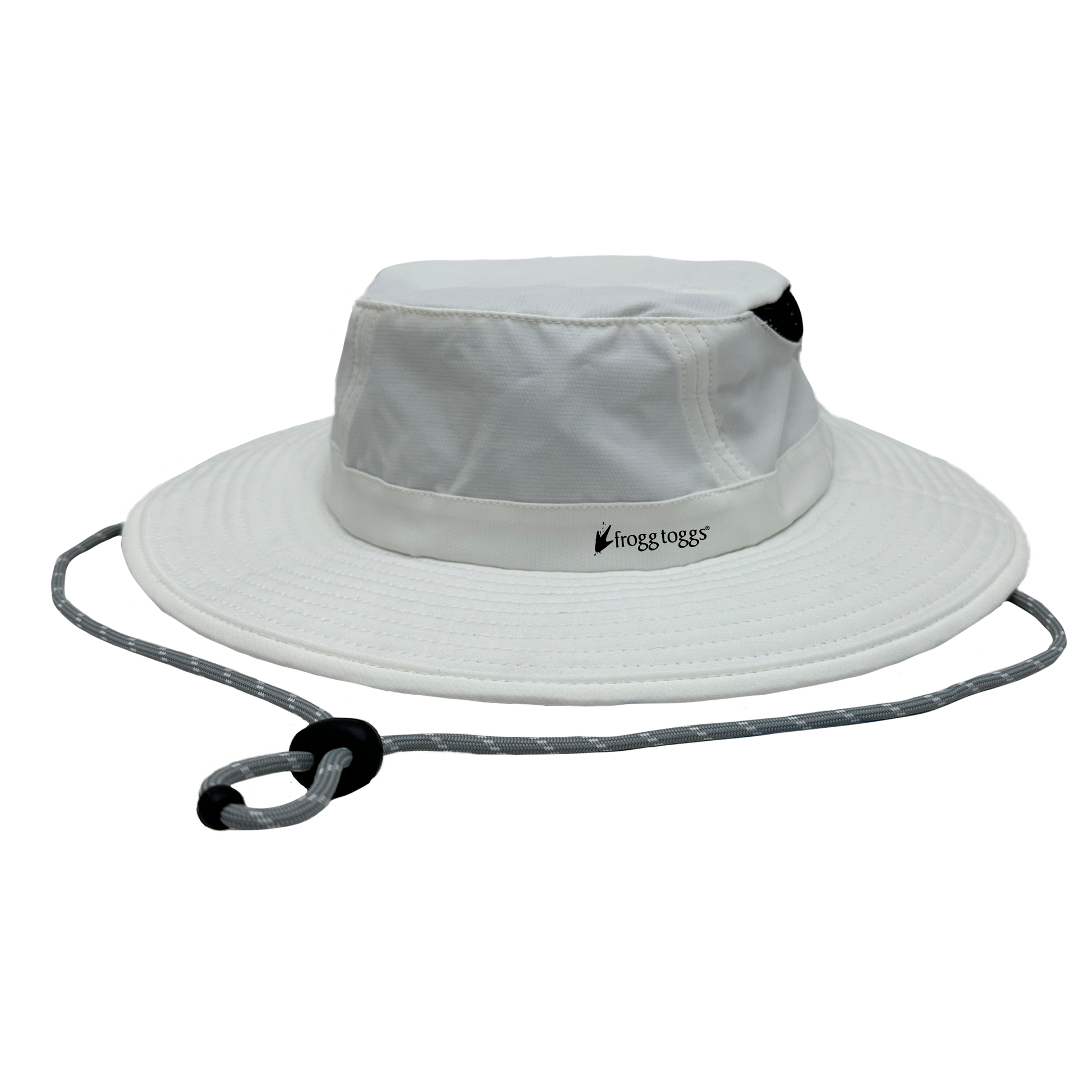 White sun cooling hat with a rope on a white background