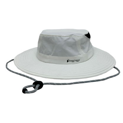 White sun cooling hat with a rope on a white background