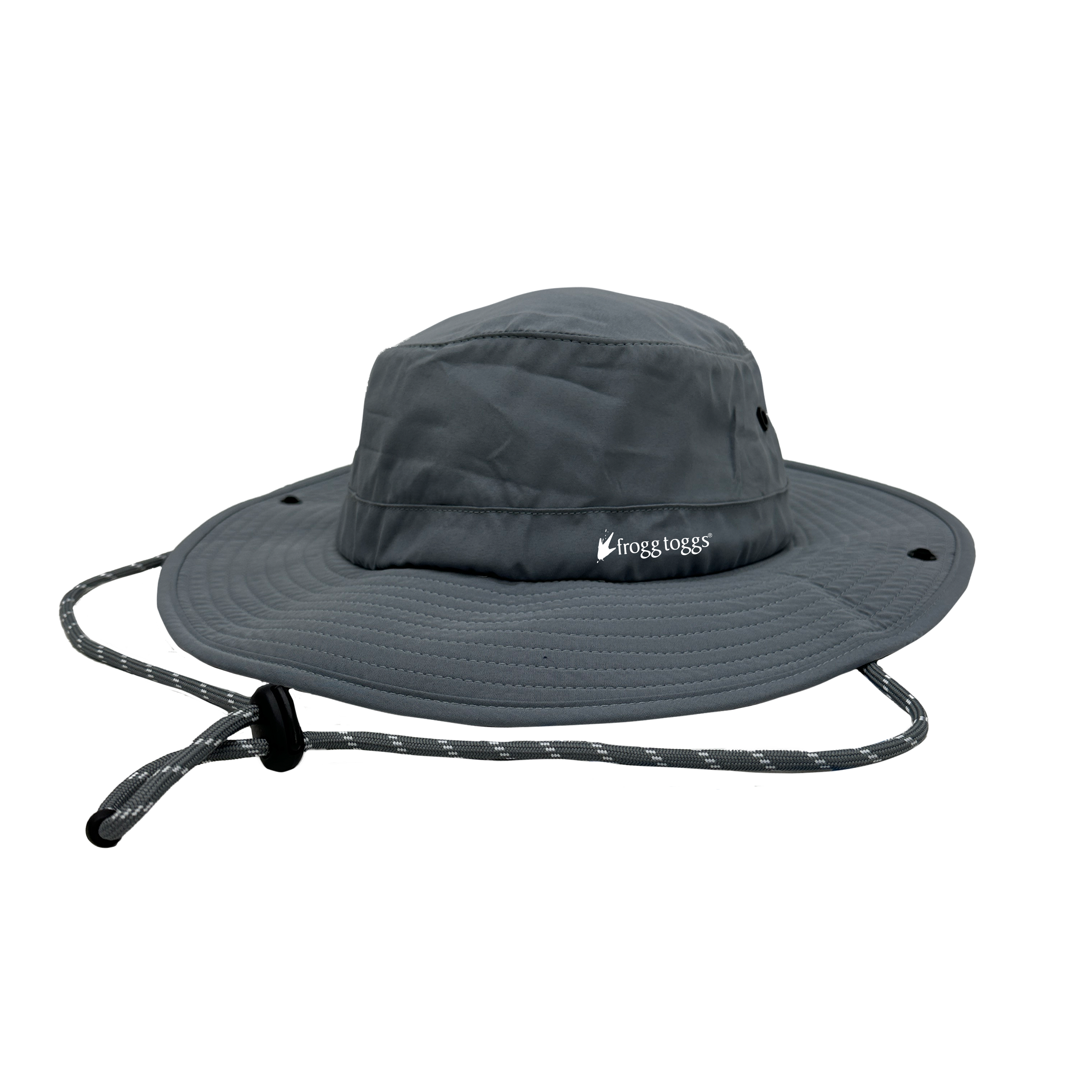 Gray bucket cooling hat with a brand logo on a white background