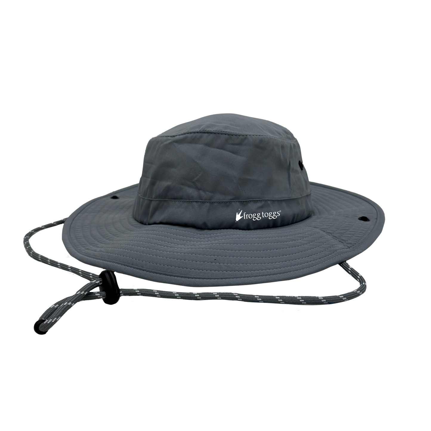Gray bucket cooling hat with a brand logo on a white background