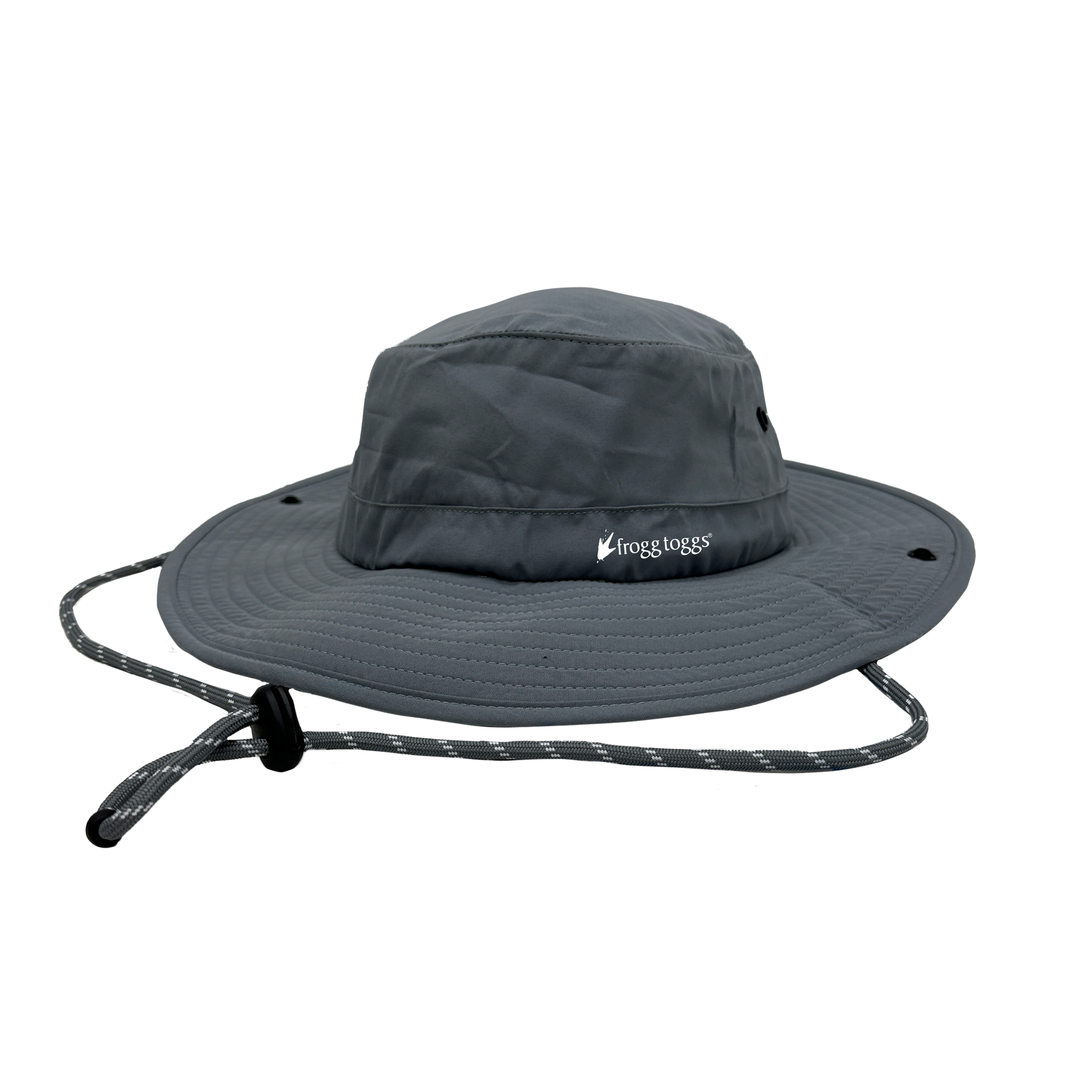 Gray bucket cooling hat with a brand logo on a white background