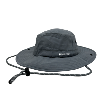 Gray bucket cooling hat with a brand logo on a white background
