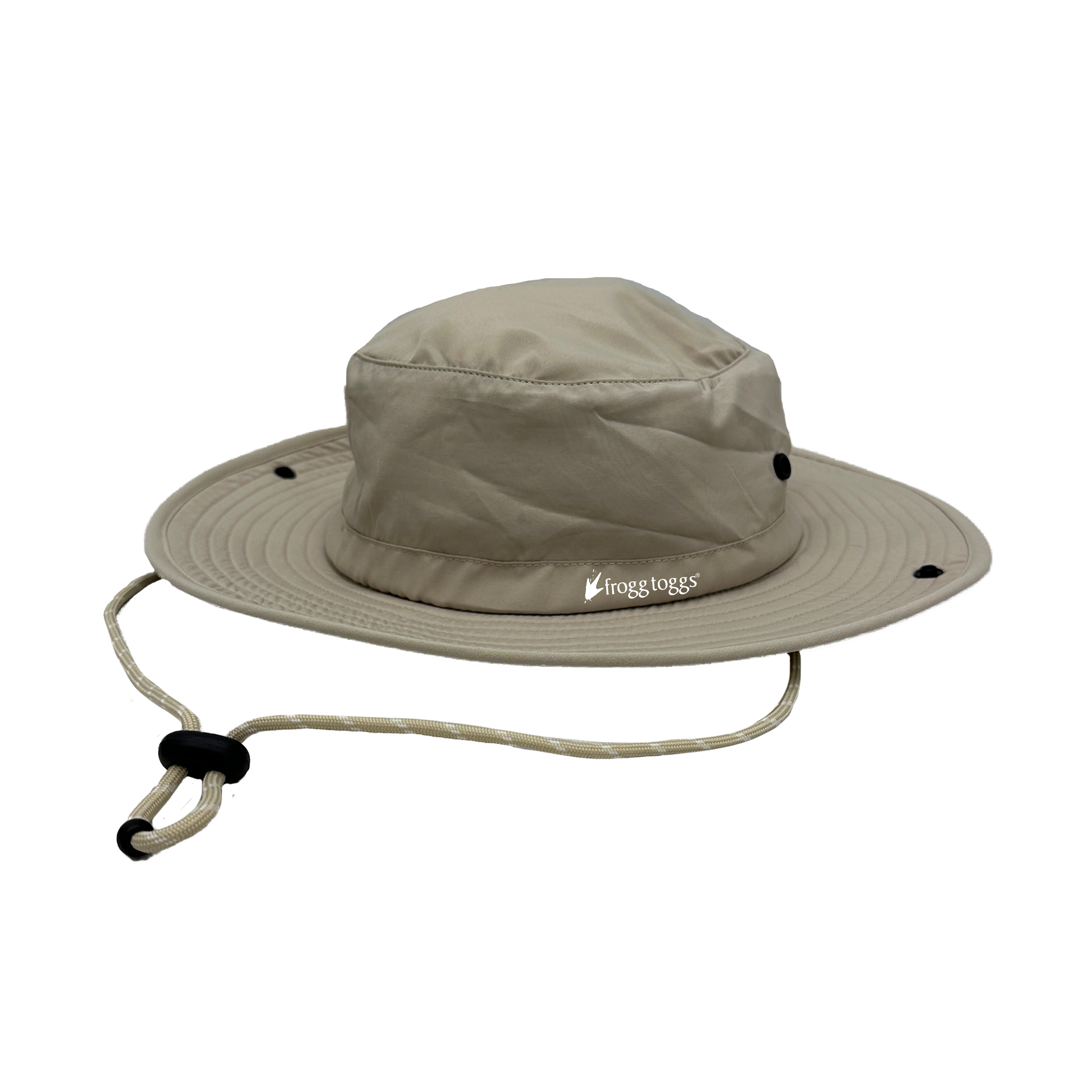 Beige wide-brimmed hat with a brand logo on a white background