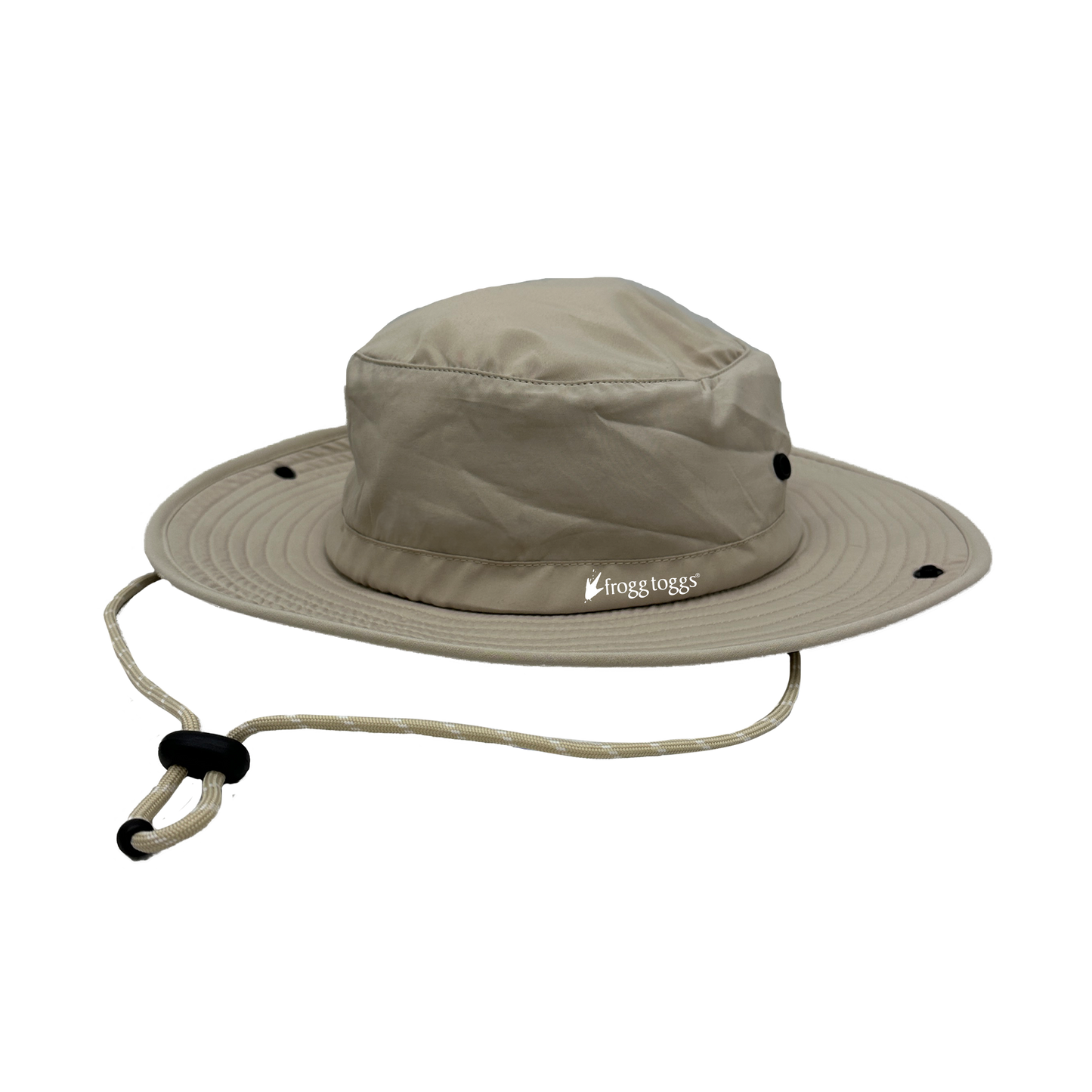 Beige wide-brimmed hat with a brand logo on a white background
