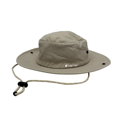 Beige wide-brimmed hat with a brand logo on a white background