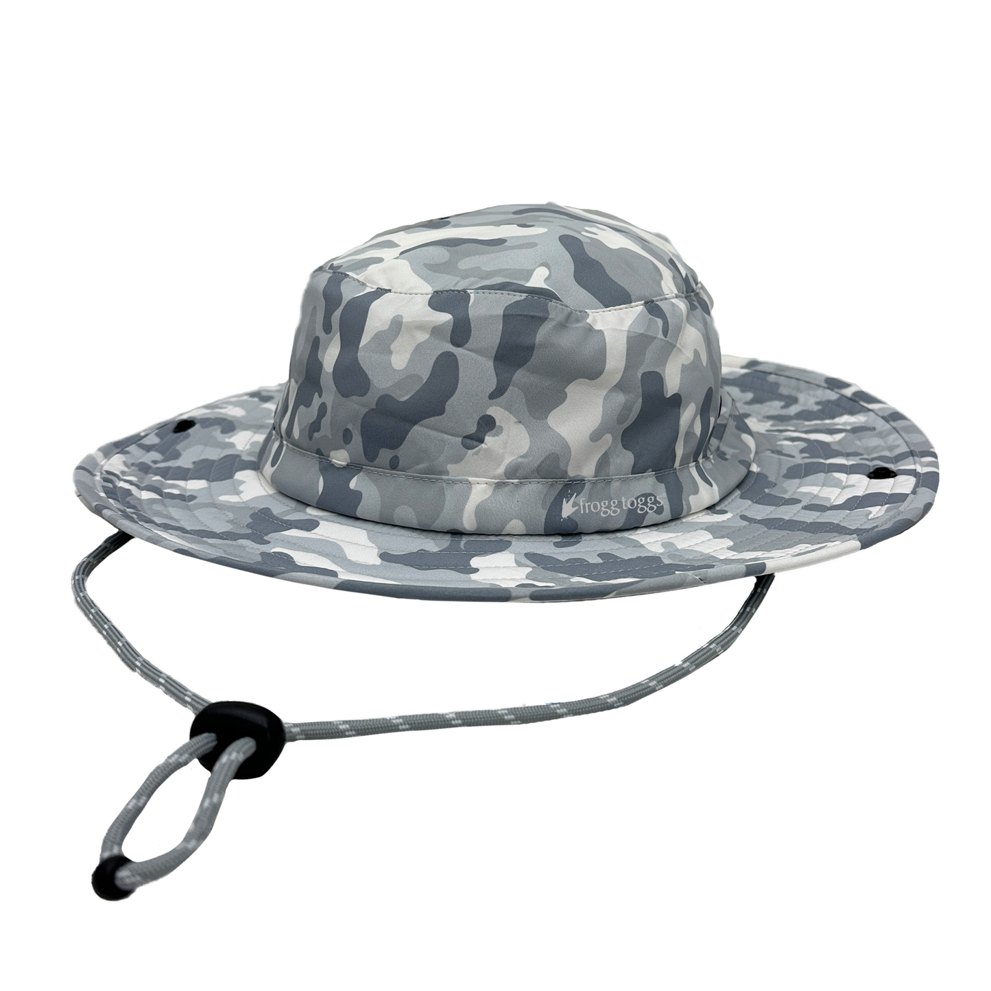Camouflage-patterned bucket cooling hat with a rope on a white background