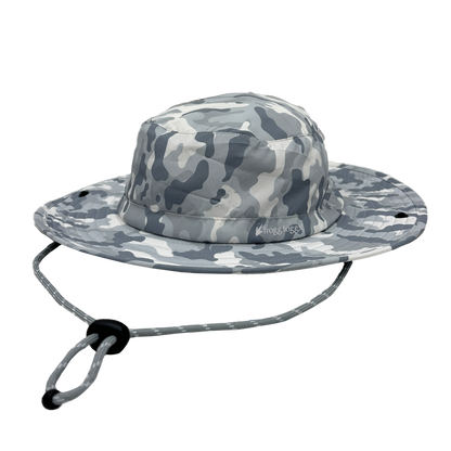 Camouflage-patterned bucket cooling hat with a rope on a white background