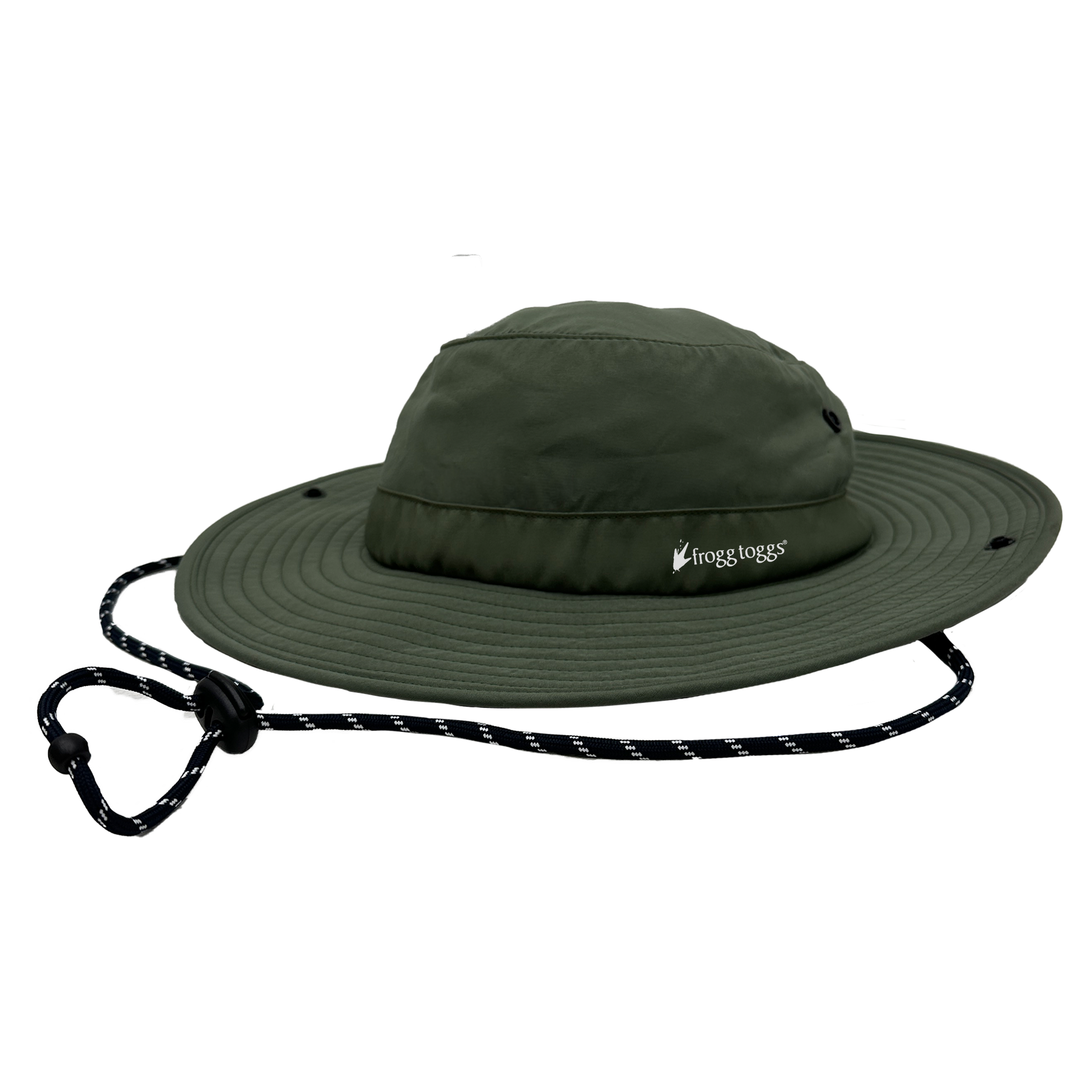 Green wide-brimmed cooling 
hat with a rope on a white background